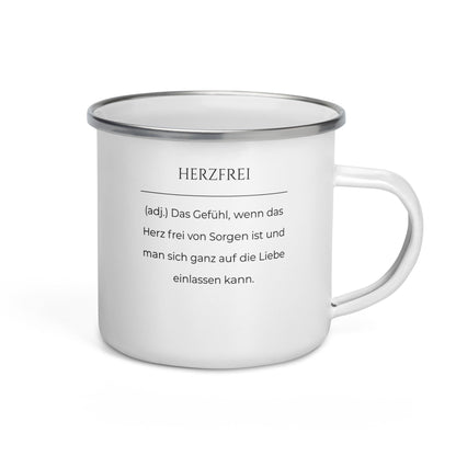 Herzfrei Emailletasse in Weiß - neues Wort für Freiheit und Liebe - Front mit Henkel rechts - Wortstolz Design
