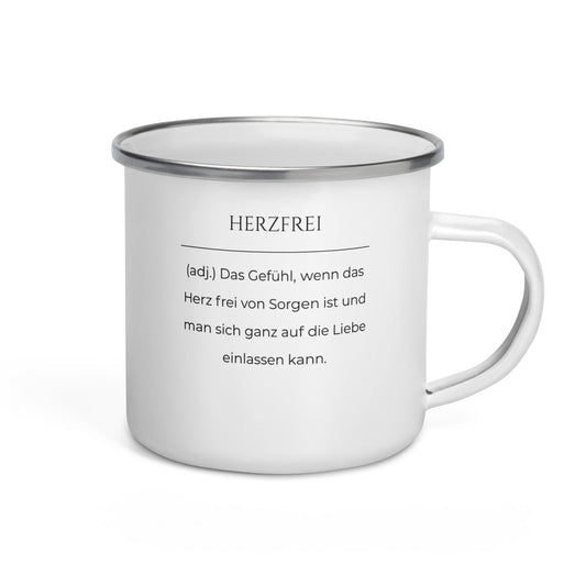 Herzfrei Emailletasse in Weiß - neues Wort für Freiheit und Liebe - Front mit Henkel rechts - Wortstolz Design