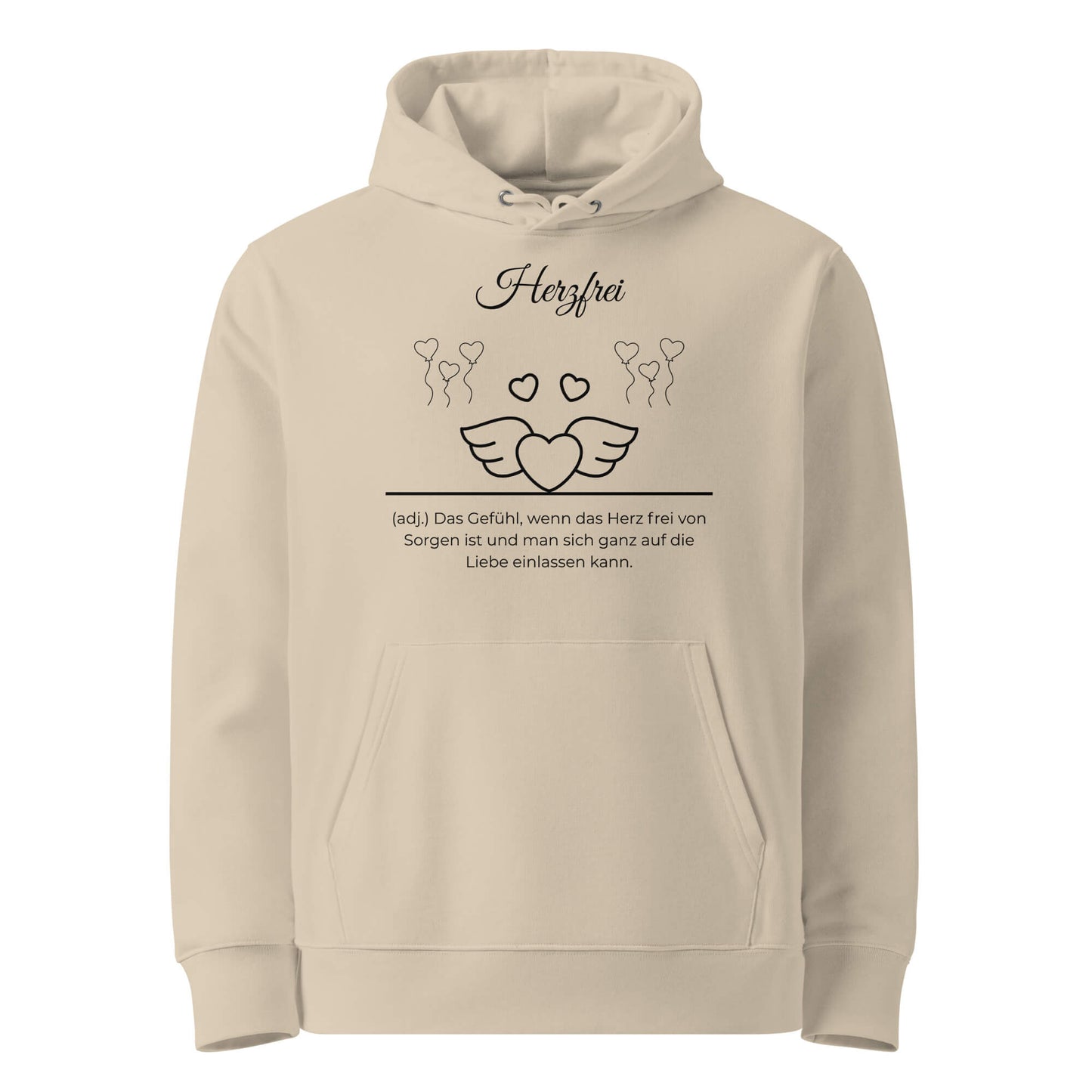 Hoodie mit Spruch - Herzfrei Kapuzenpullover in Desert Dust aus Bio-Baumwolle - Premium Edition - Frontansicht mit schwarzem Print