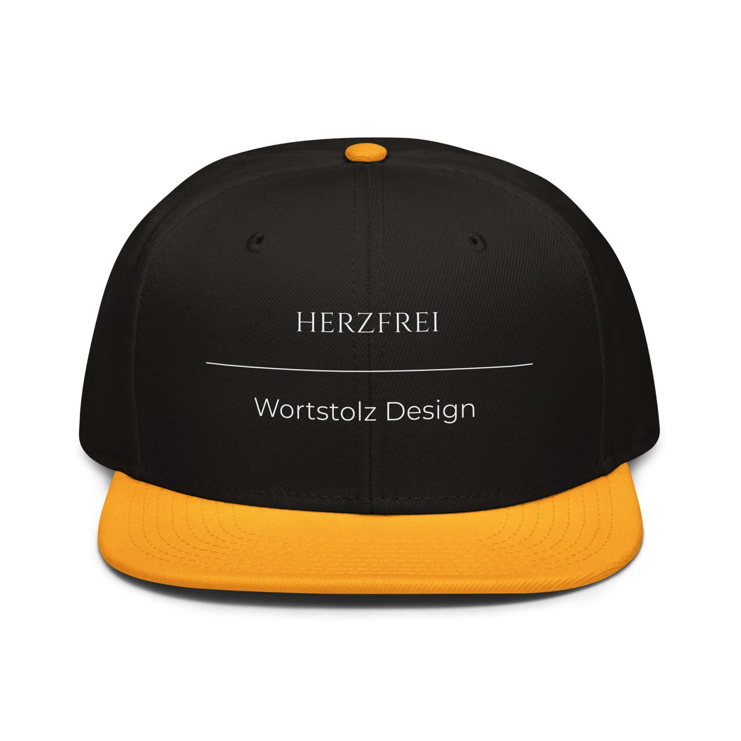 Herzfrei Snapback Cap in Schwarz - Gold aus Acryl-Woll-Mix - neues Wort für Freiheit und Liebe - Front - Wortstolz Design