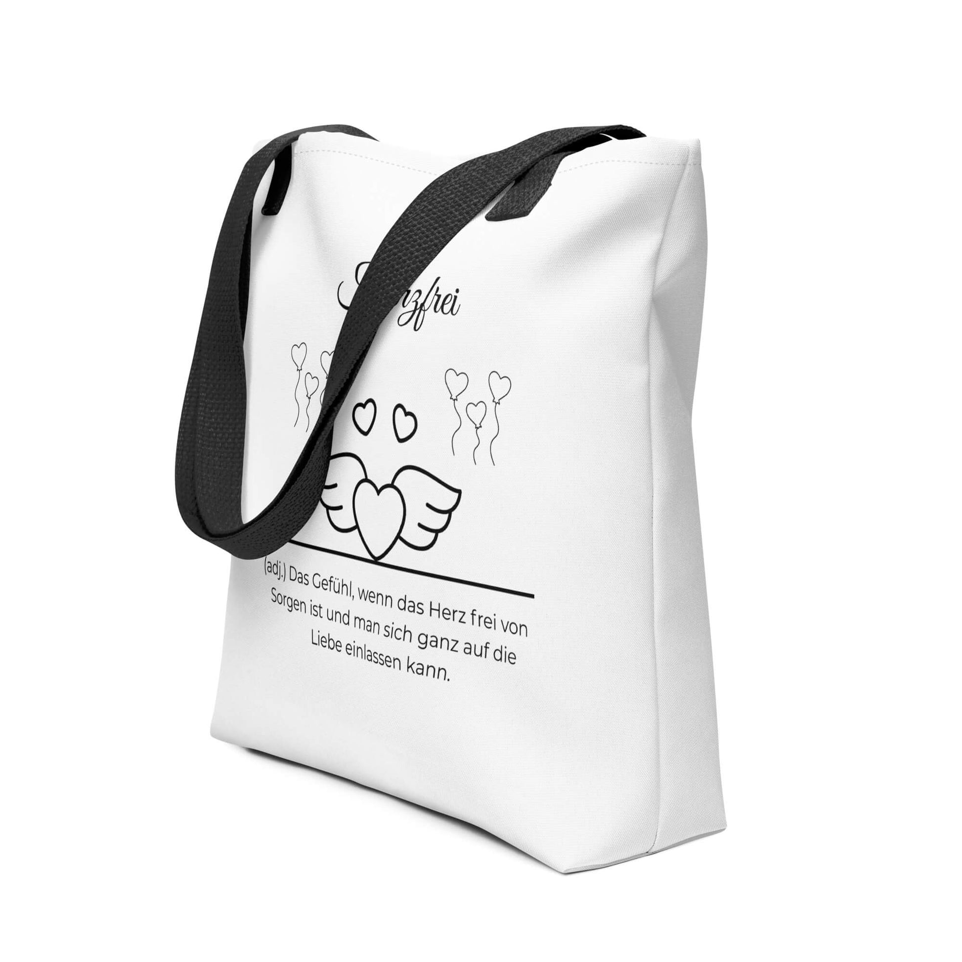 Herzfrei - Stofftasche in Black - White aus Polyester und Baumwolle - Premium Edition - Frontansicht schräg mit schwarzem Print