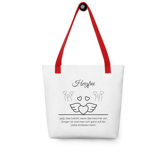 Herzfrei - Stofftasche in Red -White aus Polyester und Baumwolle - Premium Edition - Frontansicht hängend mit schwarzem Print