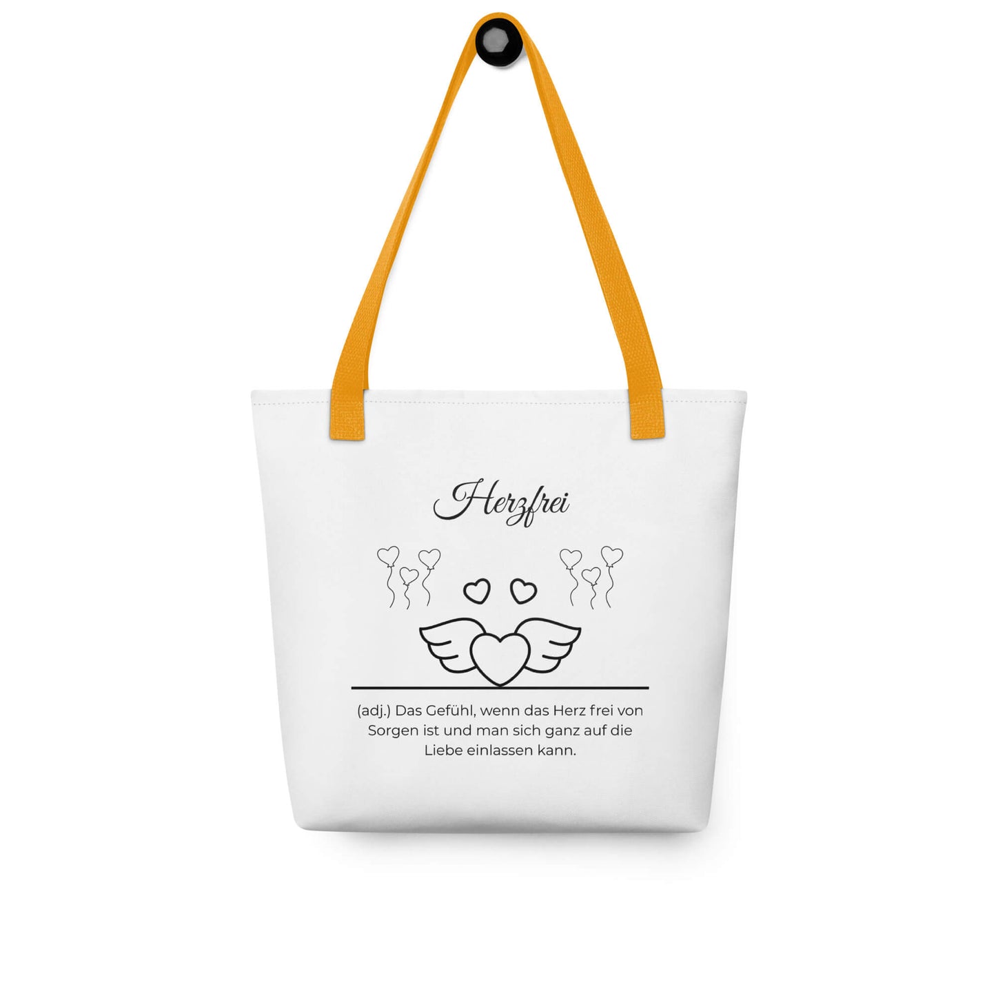 Herzfrei - Stofftasche in Yellow -White aus Polyester und Baumwolle - Premium Edition - Frontansicht hängend mit schwarzem Print