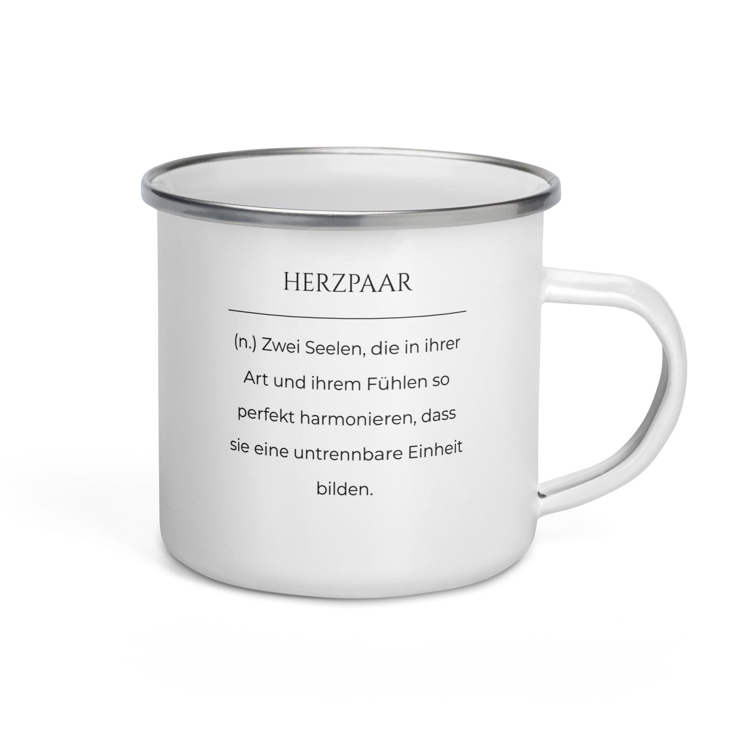 Herzpaar Emailletasse in Weiß - neues Wort für perfekte Harmonie - Front mit Henkel rechts - Wortstolz Design