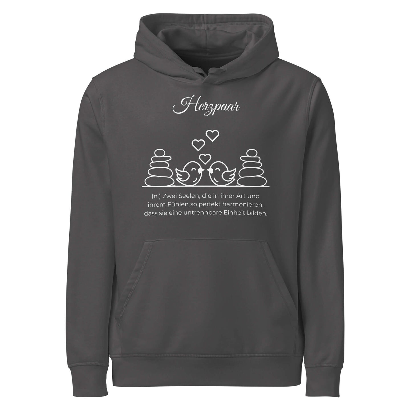 Hoodie mit Spruch - Herzpaar Kapuzenpullover in Anthracite aus Bio-Baumwolle - Res5 Edition - Frontansicht mit weißem Print