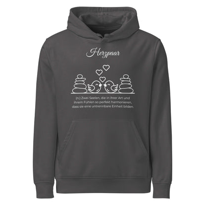 Hoodie mit Spruch - Herzpaar Kapuzenpullover in Anthracite aus Bio-Baumwolle - Res5 Edition - Frontansicht mit weißem Print