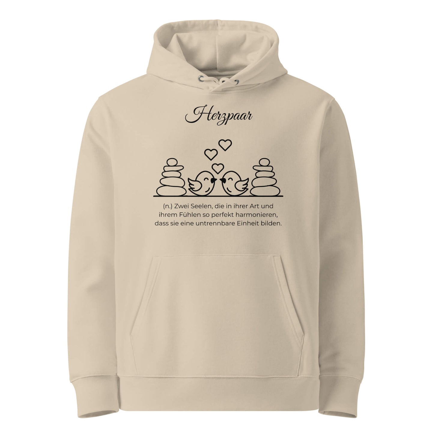 Hoodie mit Spruch - Herzpaar Kapuzenpullover in Desert Dust aus Bio-Baumwolle - Premium Edition - Frontansicht mit schwarzem Print