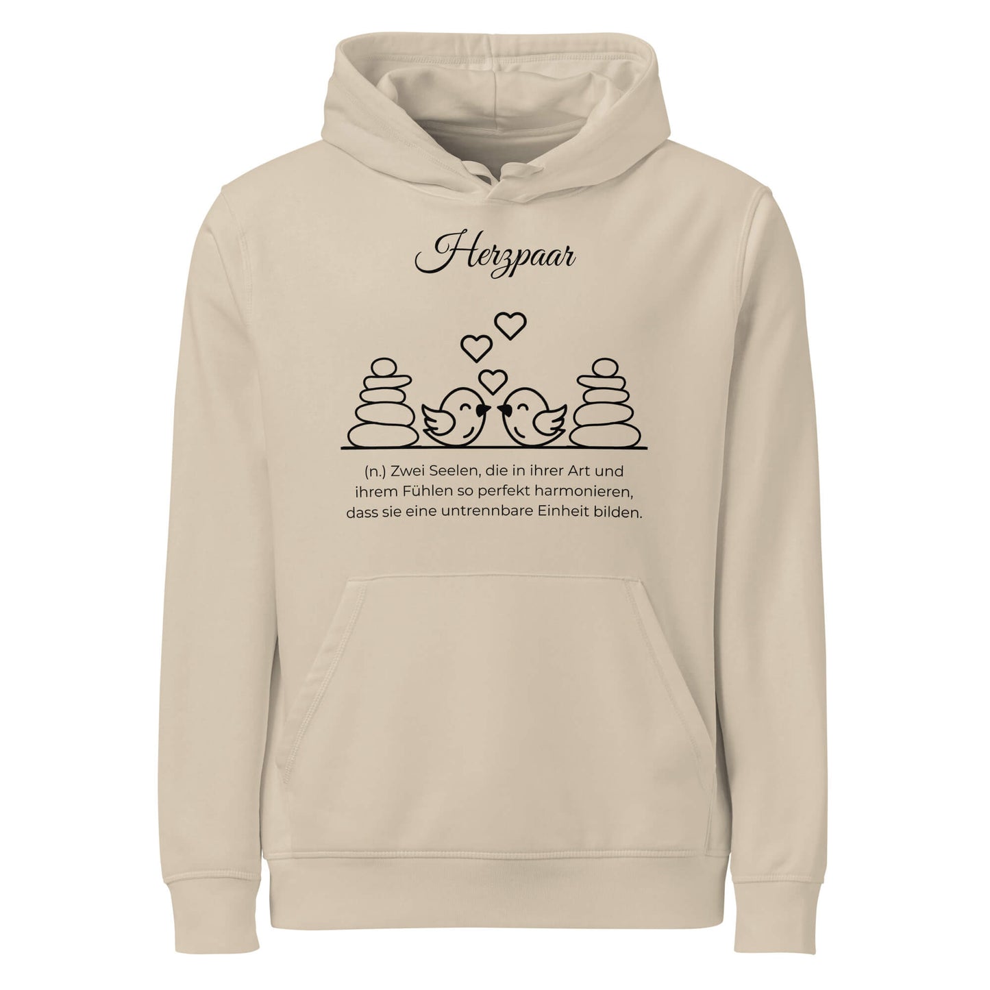 Hoodie mit Spruch - Herzpaar Kapuzenpullover in Desert Dust aus Bio-Baumwolle - Res5 Edition - Frontansicht mit schwarzem Print