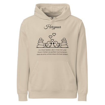 Hoodie mit Spruch - Herzpaar Kapuzenpullover in Desert Dust aus Bio-Baumwolle - Res5 Edition - Frontansicht mit schwarzem Print