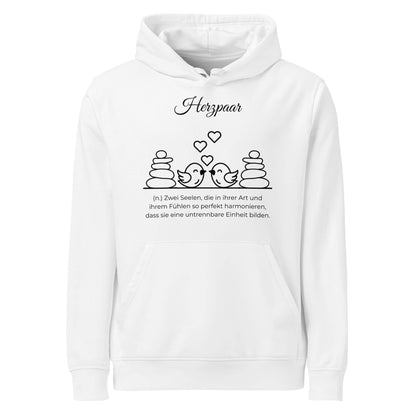 Hoodie mit Spruch - Herzpaar Kapuzenpullover in Weiß aus Bio-Baumwolle - Res5 Edition - Frontansicht mit schwarzem Print