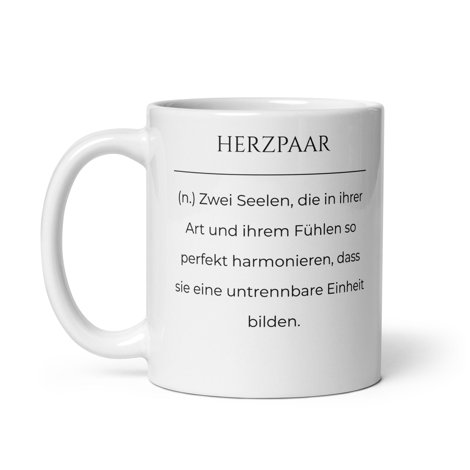 Herzpaar Keramiktasse in Weiß - neues Wort für perfekte Harmonie - Front mit Henkel links - Wortstolz Design