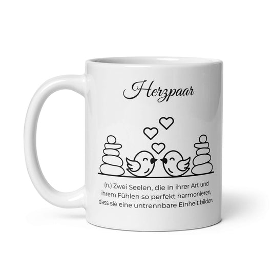 Herzpaar Keramiktasse in Weiß - neues Wort für perfekte Harmonie - Front mit Henkel links - Wortstolz Design