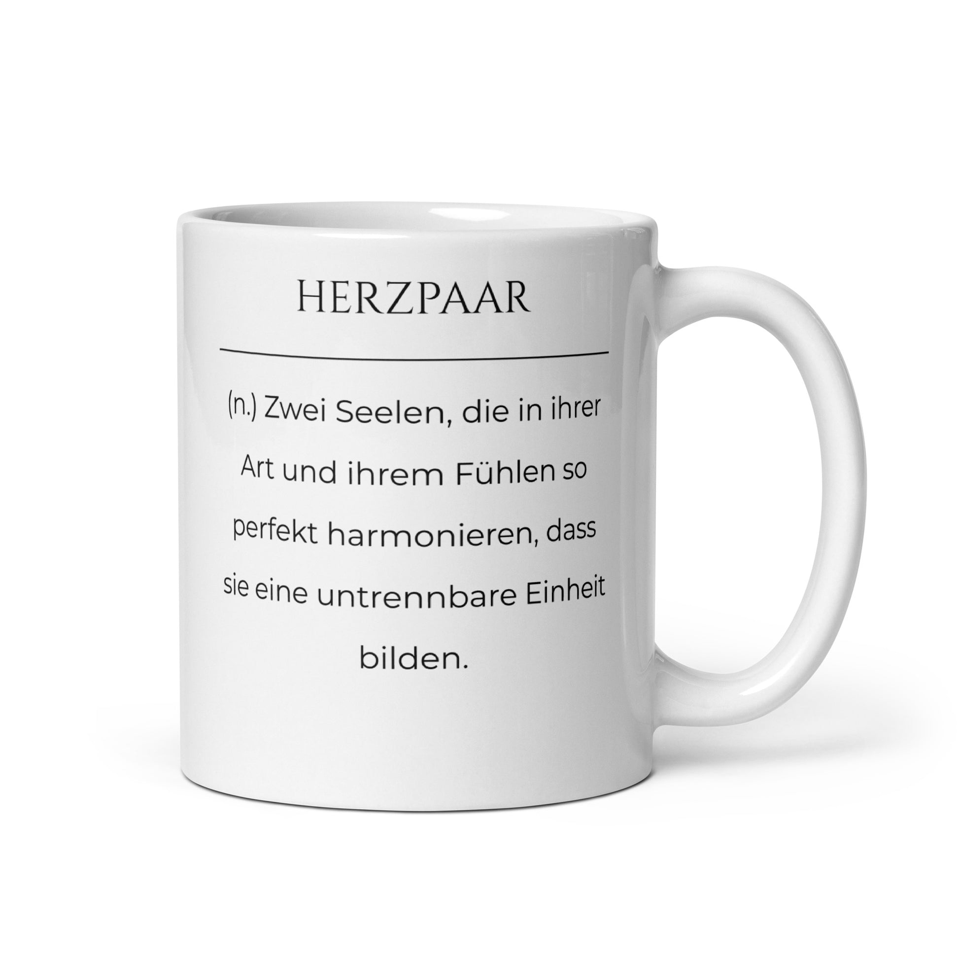 Herzpaar Keramiktasse in Weiß - neues Wort für perfekte Harmonie - Front mit Henkel rechts - Wortstolz Design