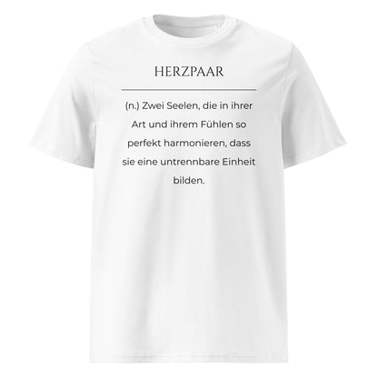 Herzpaar Premium T-Shirt in Weiß aus Bio-Baumwolle - neues Wort für perfekte Harmonie - Front - Wortstolz Design