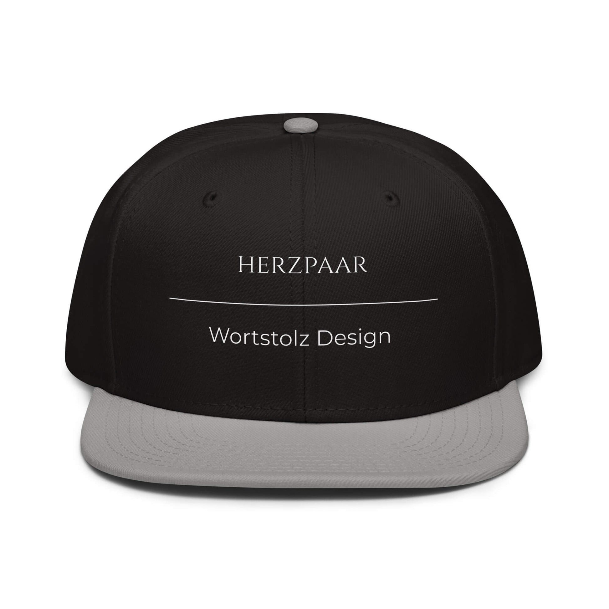 Herzpaar Snapback Cap in Schwarz - Grau aus Acryl-Woll-Mix - neues Wort für perfekte Harmonie - Front - Wortstolz Design
