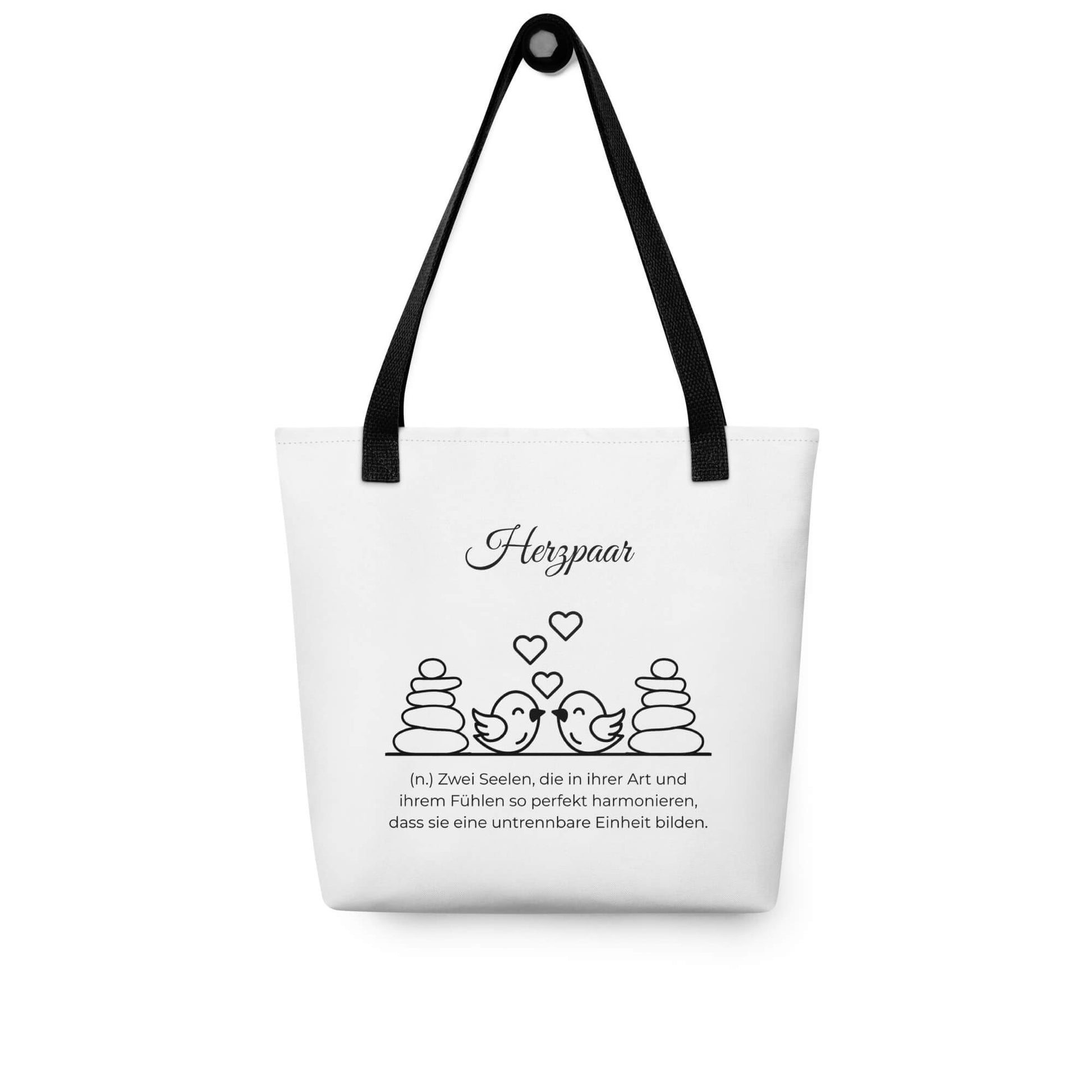 Herzpaaar- Stofftasche in Black -White aus Polyester und Baumwolle - Premium Edition - Frontansicht hängend mit schwarzem Print