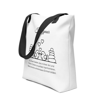 Herzpaar - Stofftasche in Black - White aus Polyester und Baumwolle - Premium Edition - Frontansicht schräg mit schwarzem Print