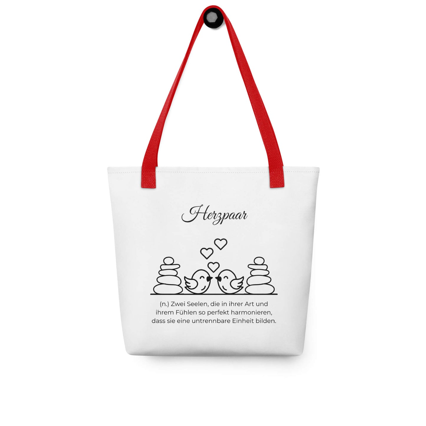 Herzpaar - Stofftasche in Red -White aus Polyester und Baumwolle - Premium Edition - Frontansicht hängend mit schwarzem Print