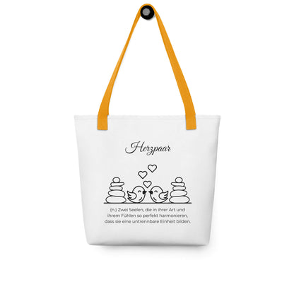 Herzpaar - Stofftasche in Yellow -White aus Polyester und Baumwolle - Premium Edition - Frontansicht hängend mit schwarzem Print