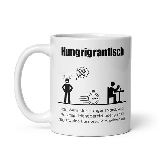 Hungrigrantisch Keramiktasse in Weiß - neues Wort für hungrig und grantig - Front mit Henkel links - Wortstolz Design