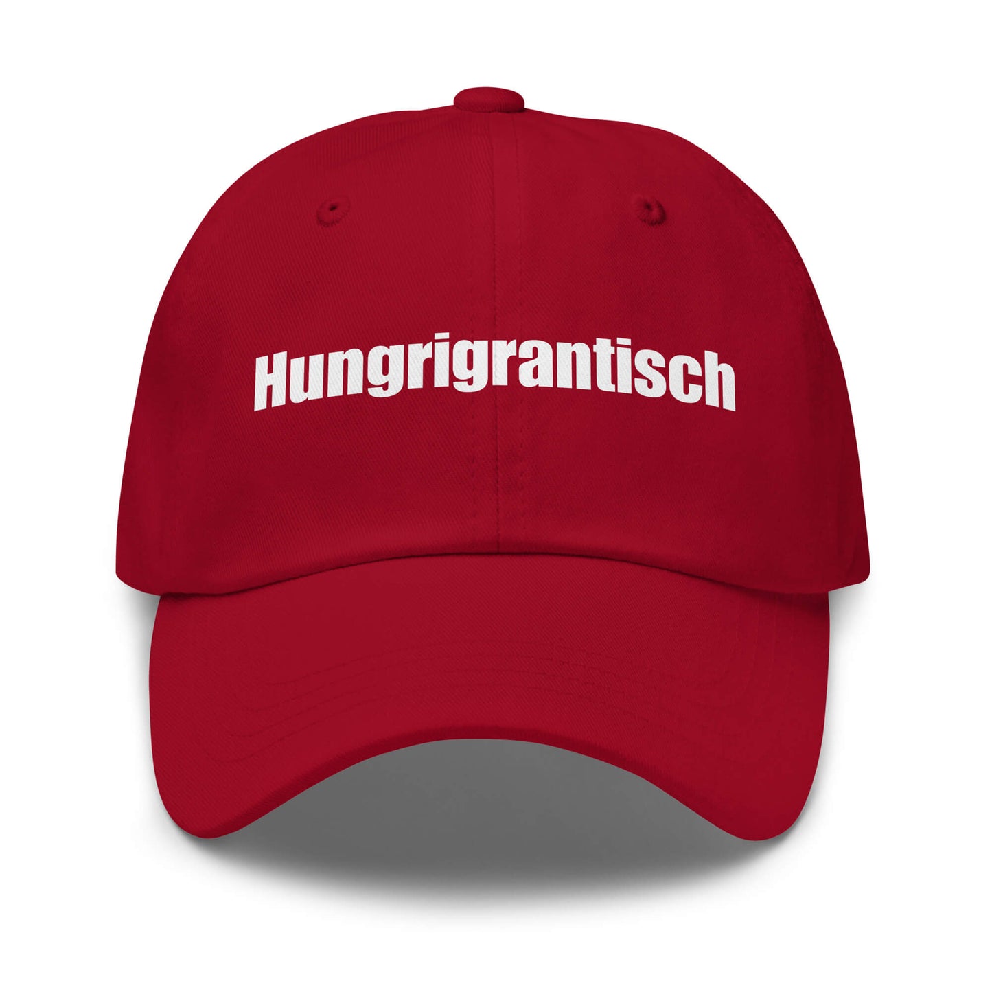 Hungrigrantisch Premium Dad Cap in Cranberry aus Chino-Baumwoll-Twill - neues Wort für hungrig & grantig - Front - Wortstolz Design