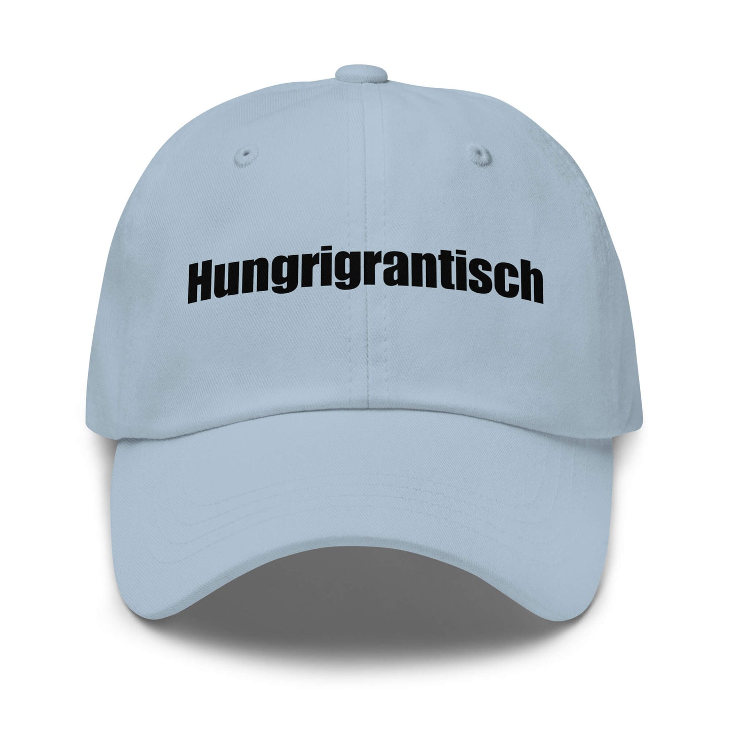 Hungrigrantisch Premium Dad Cap in Light Blue aus Chino-Baumwoll-Twill - neues Wort für hungrig & grantig - Front - Wortstolz Design