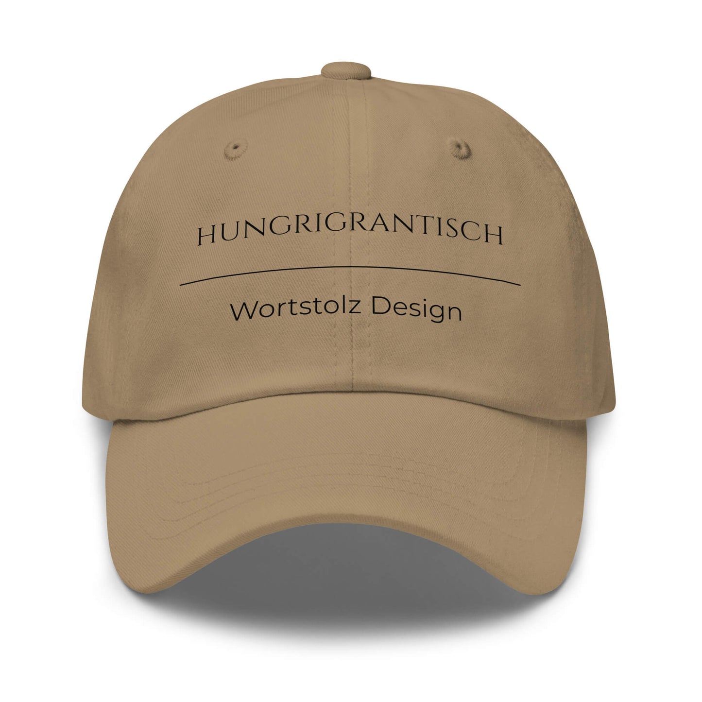 Hungrigrantisch Premium Dad Cap in Khaki aus Chino-Baumwoll-Twill - neues Wort für hungrig & grantig - Front - Wortstolz Design