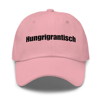 Hungrigrantisch Premium Dad Cap in Pink aus Chino-Baumwoll-Twill - neues Wort für hungrig & grantig - Front - Wortstolz Design