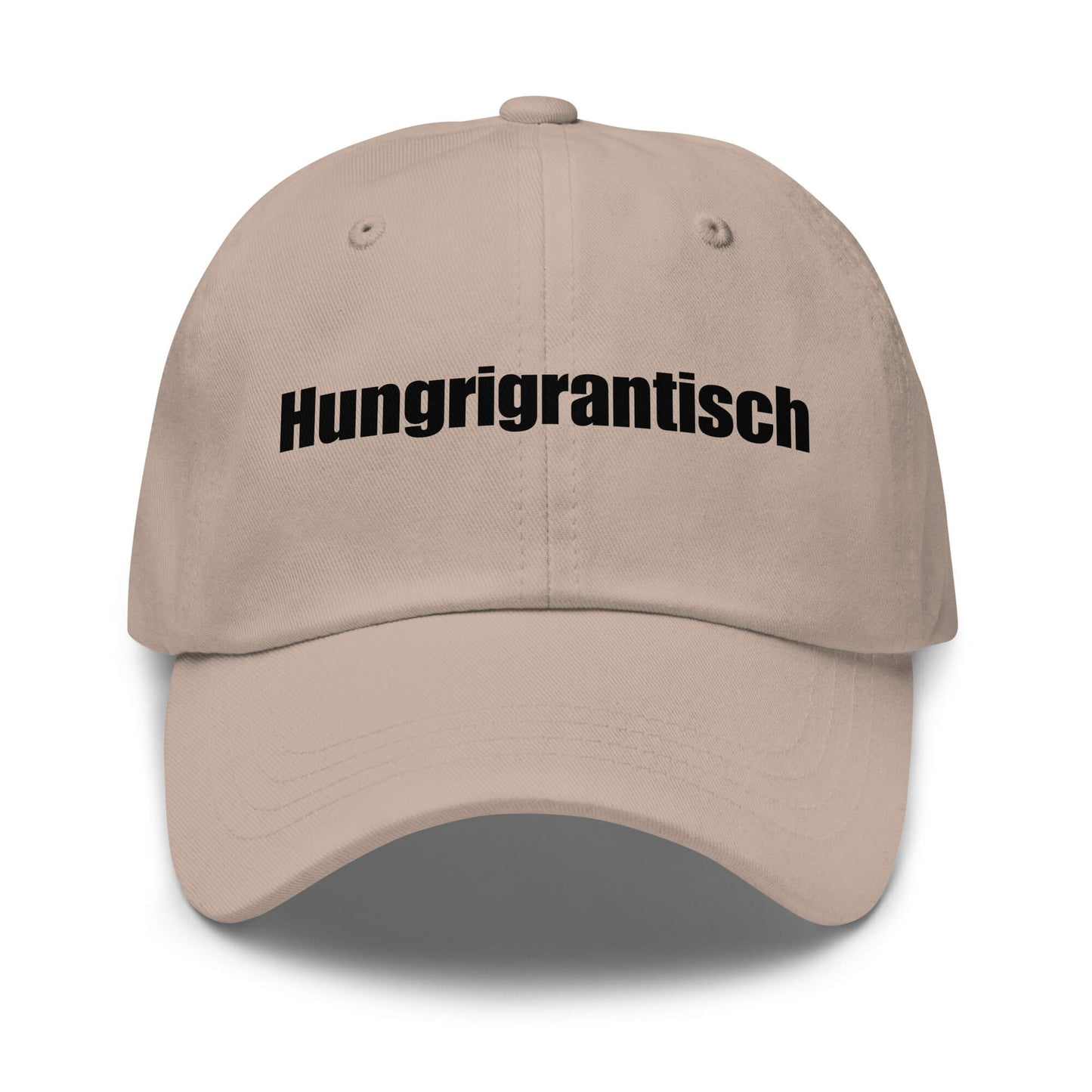 Hungrigrantisch Premium Dad Cap in Stone aus Chino-Baumwoll-Twill - neues Wort für hungrig & grantig - Front - Wortstolz Design