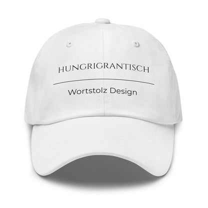 Hungrigrantisch Premium Dad Cap in Weiß aus Chino-Baumwoll-Twill - neues Wort für hungrig & grantig - Front - Wortstolz Design