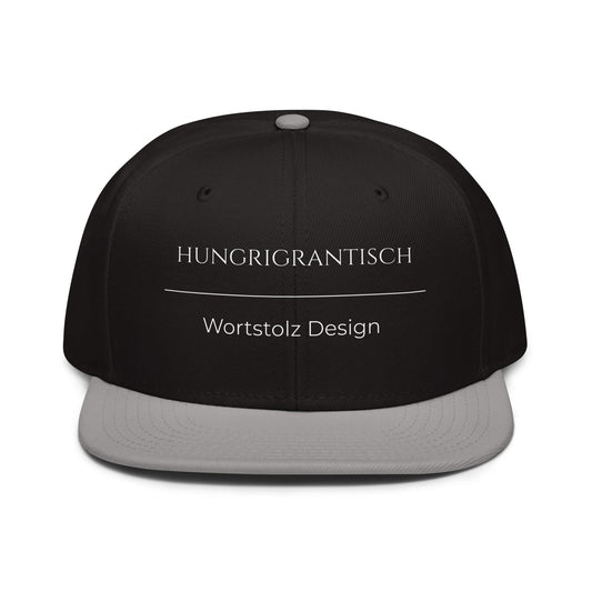 Hungrigrantisch Snapback Cap in Schwarz - Grau aus Acryl-Woll-Mix - neues Wort für hungrig und grantig - Front - Wortstolz Design