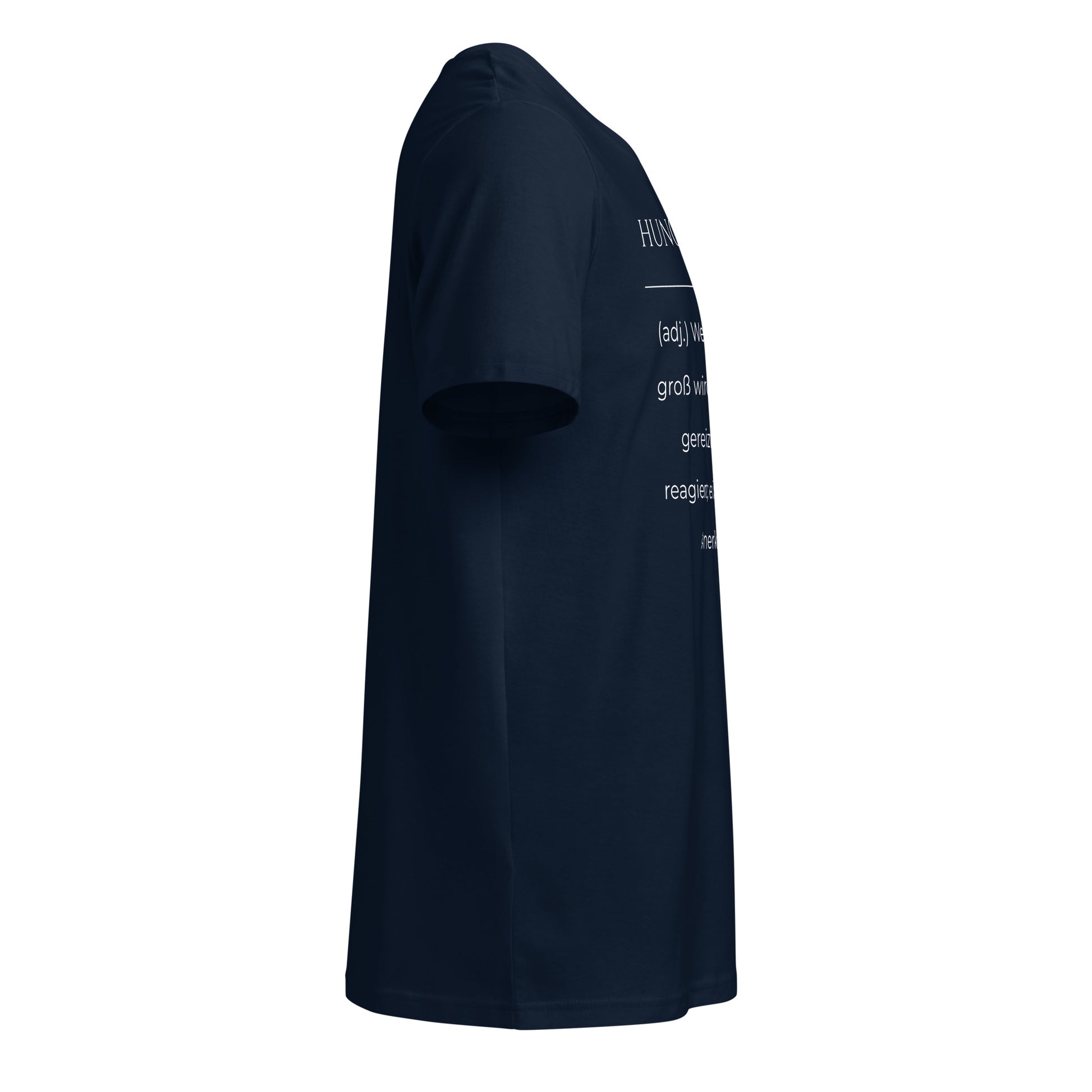 Hungrigrantisch T-Shirt in Marineblau aus Bio-Baumwolle - neues Wort für hungrig und grantig - Rechts - Wortstolz Design