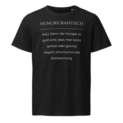 Hungrigrantisch T-Shirt in Schwarz aus Bio-Baumwolle - neues Wort für hungrig und grantig - Front - Wortstolz Design