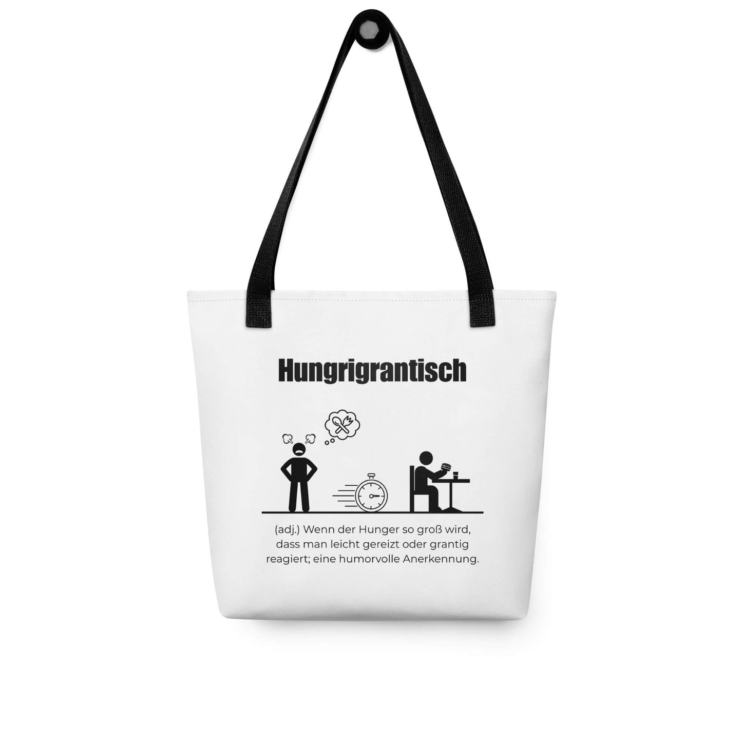 Hungrigrantisch - Stofftasche in Black -White aus Polyester und Baumwolle - Premium Edition - Frontansicht hängend mit schwarzem Print