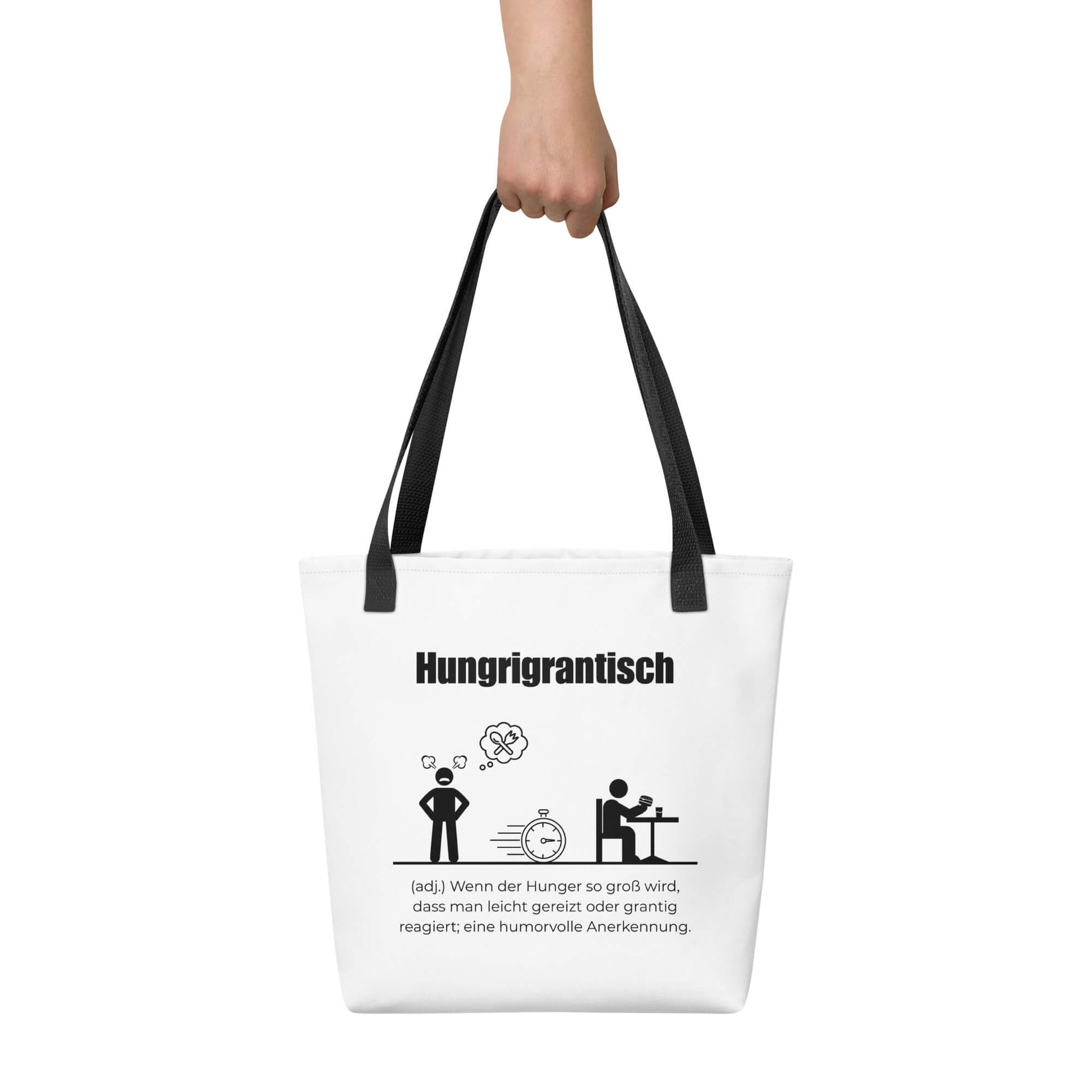 Hungrigrantisch - Stofftasche in Black -White aus Polyester und Baumwolle - Premium Edition - Frontansicht haltend in Hand mit schwarzem Print