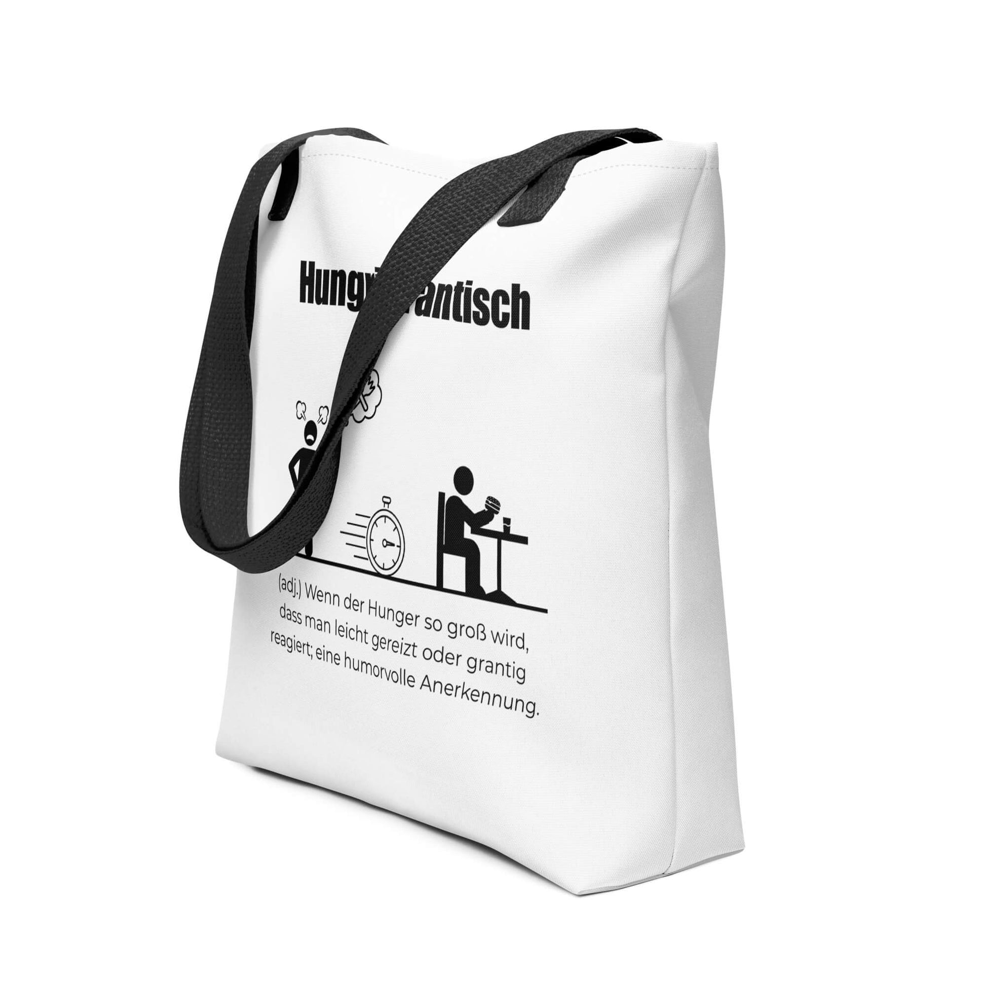 Hungrigrantisch - Stofftasche in Black - White aus Polyester und Baumwolle - Premium Edition - Frontansicht schräg mit schwarzem Print