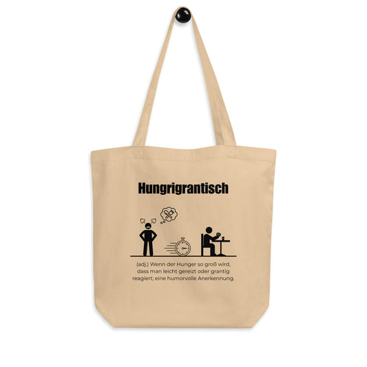 Hungrigrantisch Bio-Stoffbeutel. Einkaufstasche in Oyster aus Bio-Baumwolle - Res5 Edition - Frontansicht hängend mit schwarzem Print