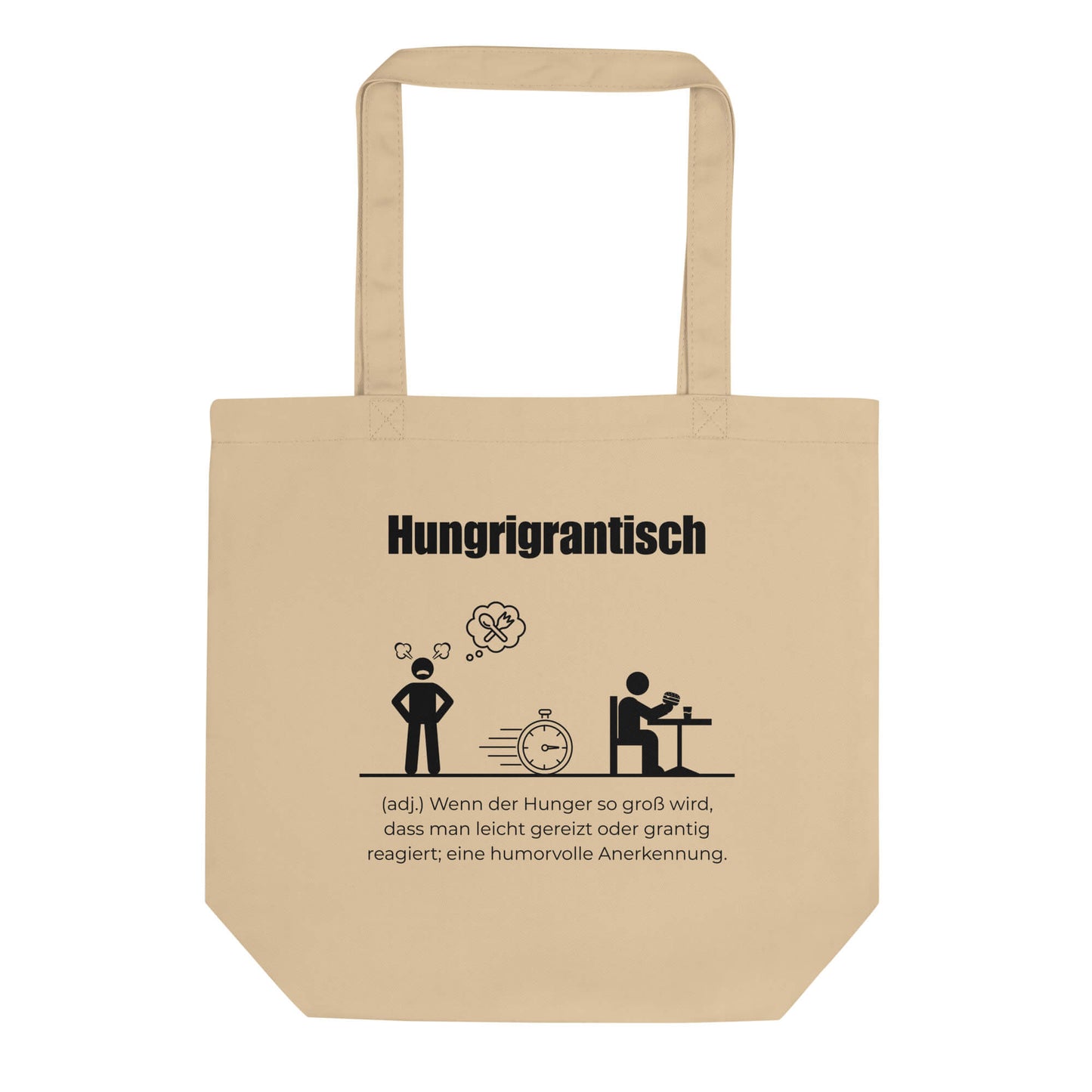 Hungrigrantisch Bio-Stoffbeutel. Einkaufstasche in Oyster aus Bio-Baumwolle - Res5 Edition - Frontansichtmit schwarzem Print