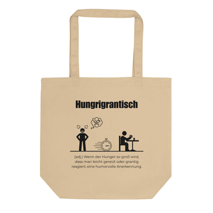Hungrigrantisch Bio-Stoffbeutel. Einkaufstasche in Oyster aus Bio-Baumwolle - Res5 Edition - Frontansichtmit schwarzem Print