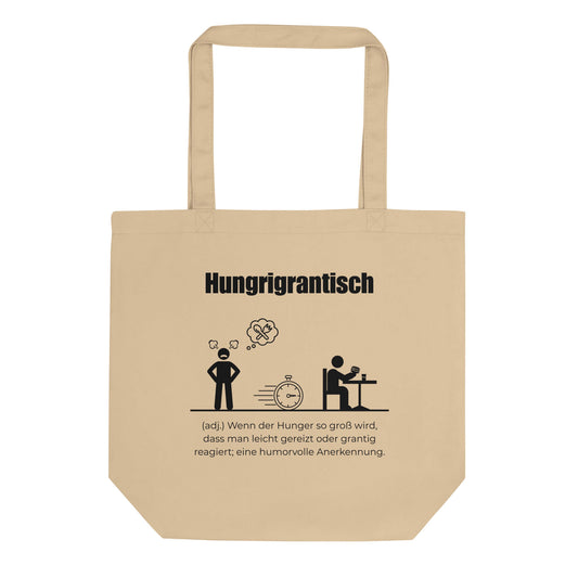 Hungrigrantisch Bio-Stoffbeutel. Einkaufstasche in Oyster aus Bio-Baumwolle - Res5 Edition - Frontansichtmit schwarzem Print