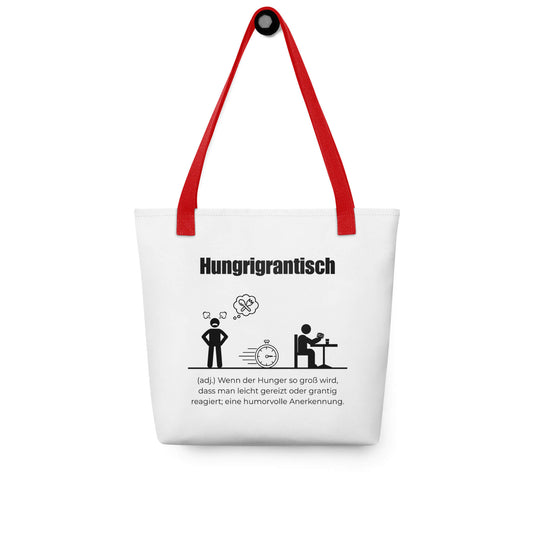 Hungrigrantisch - Stofftasche in Red -White aus Polyester und Baumwolle - Premium Edition - Frontansicht hängend mit schwarzem Print