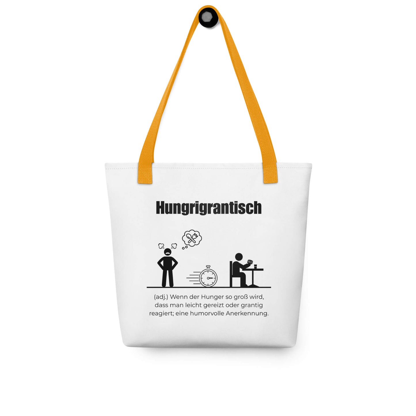 Hungrigrantisch - Stofftasche in Yellow -White aus Polyester und Baumwolle - Premium Edition - Frontansicht hängend mit schwarzem Print