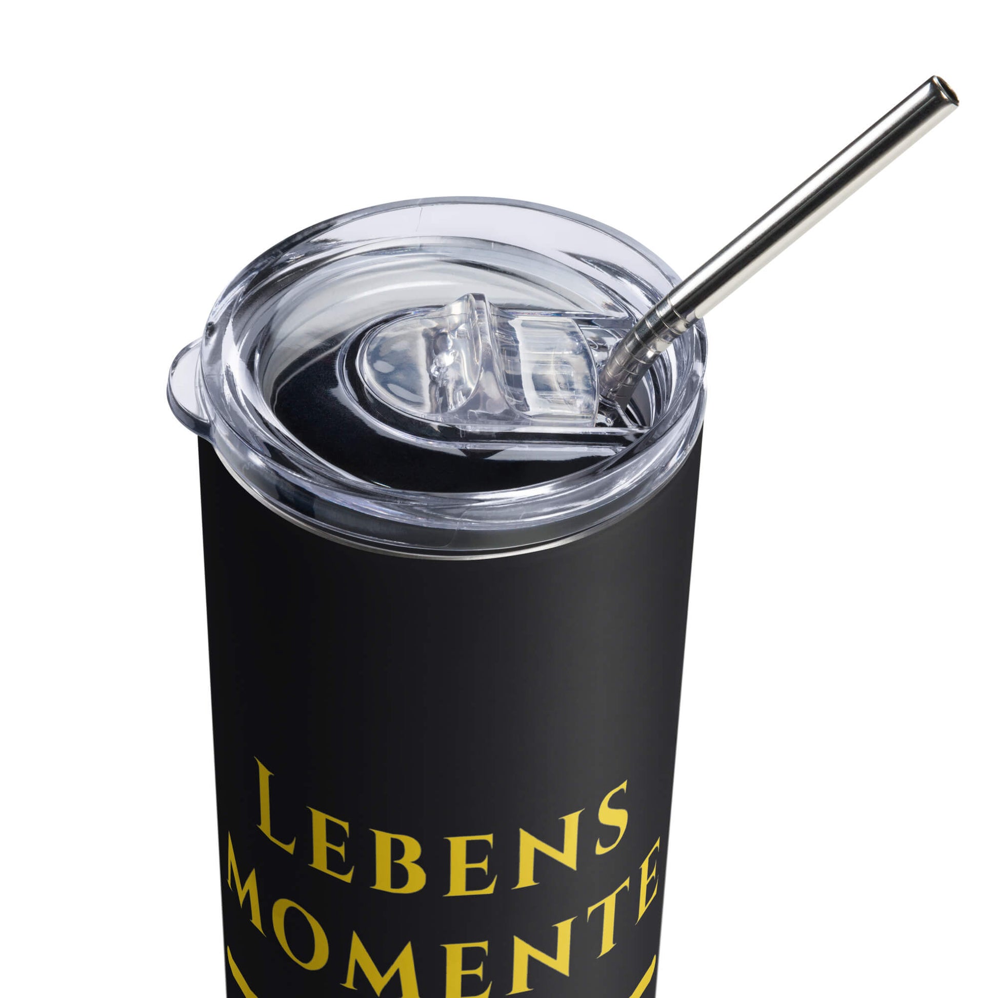 Lebensmomente Gold Edelstahlbecher in Schwarz - inklusive Deckel und Strohhalm - Gesamt - Welt für Alltag und Humor - Wortstolz Design