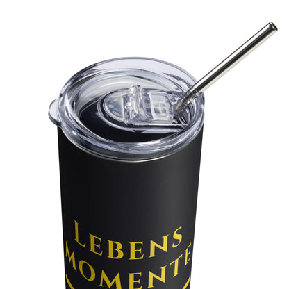Lebensmomente Gold Edelstahlbecher in Schwarz - inklusive Deckel und Strohhalm - Gesamt - Welt für Alltag und Humor - Wortstolz Design