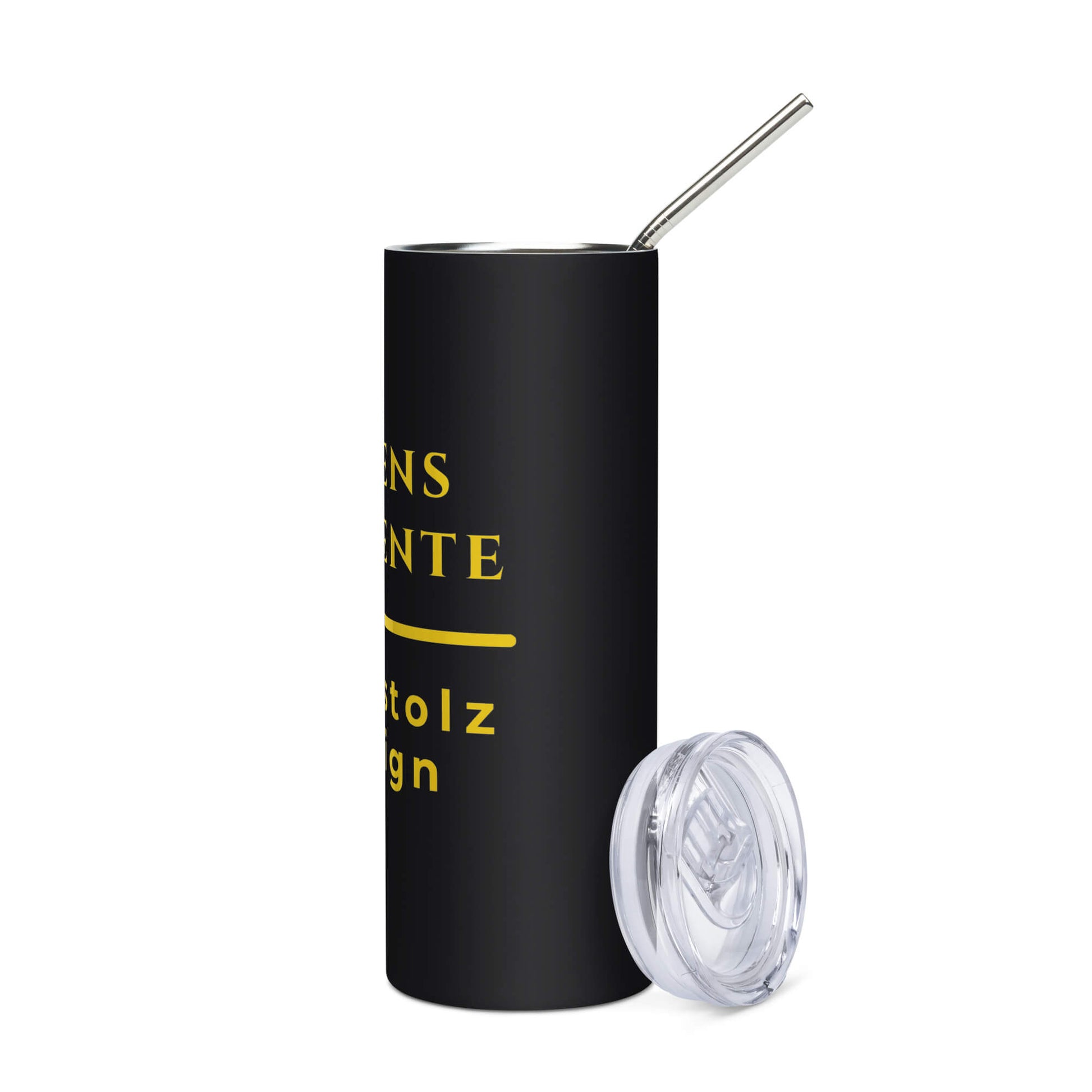 Lebensmomente Gold Edelstahlbecher in Schwarz - Welt für Alltag und Humor - Links - Wortstolz Design