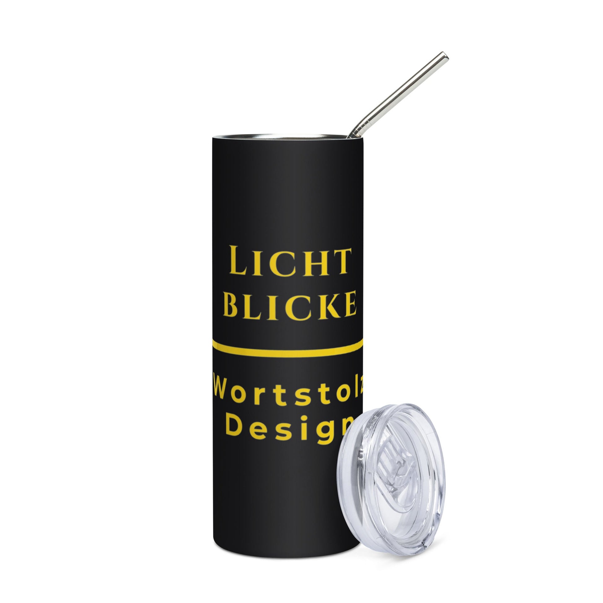 Lichtblicke Gold Edelstahlbecher in Schwarz - Welt für Energie und Aufbruch - Front - Wortstolz Design