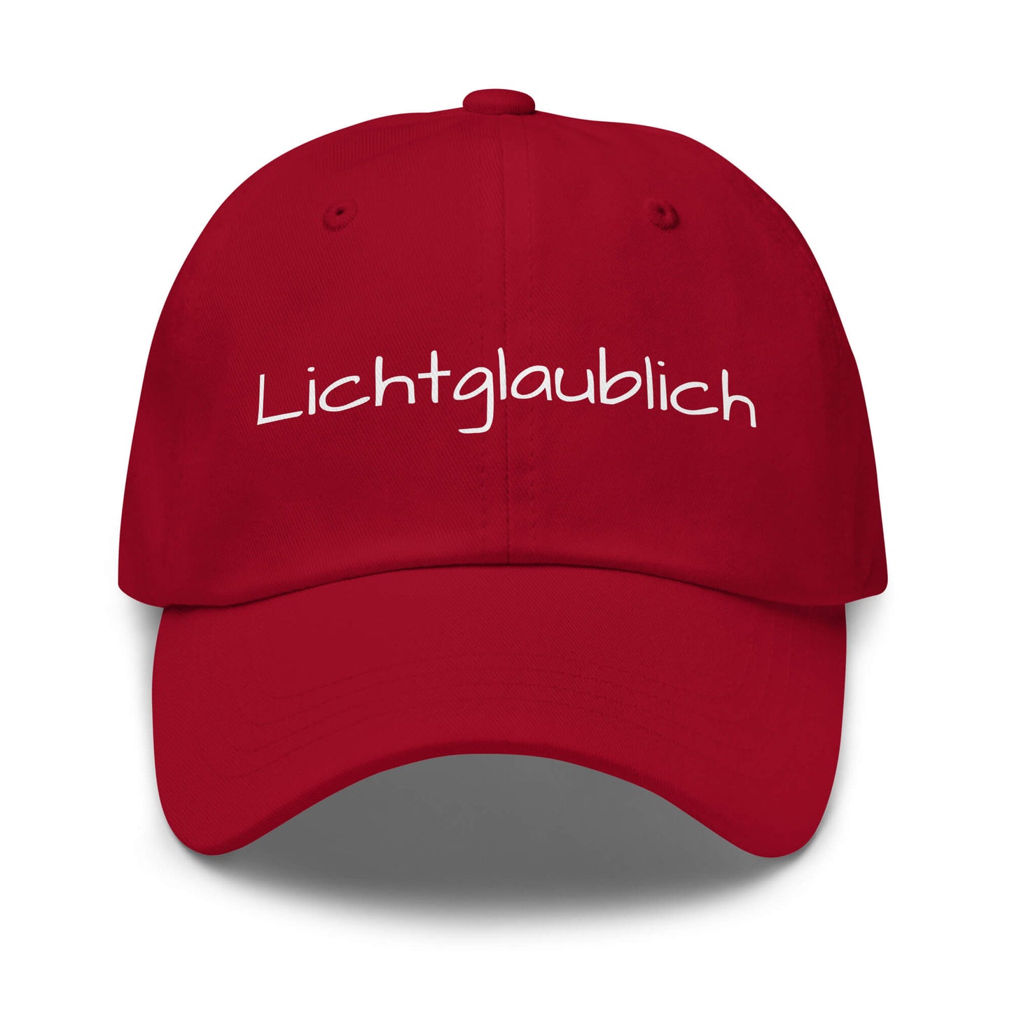 Lichtglaublich Premium Dad Cap in Cranberry aus Chino-Baumwoll-Twill - neues Wort für einen positiven Lichtblick - Front - Wortstolz Design