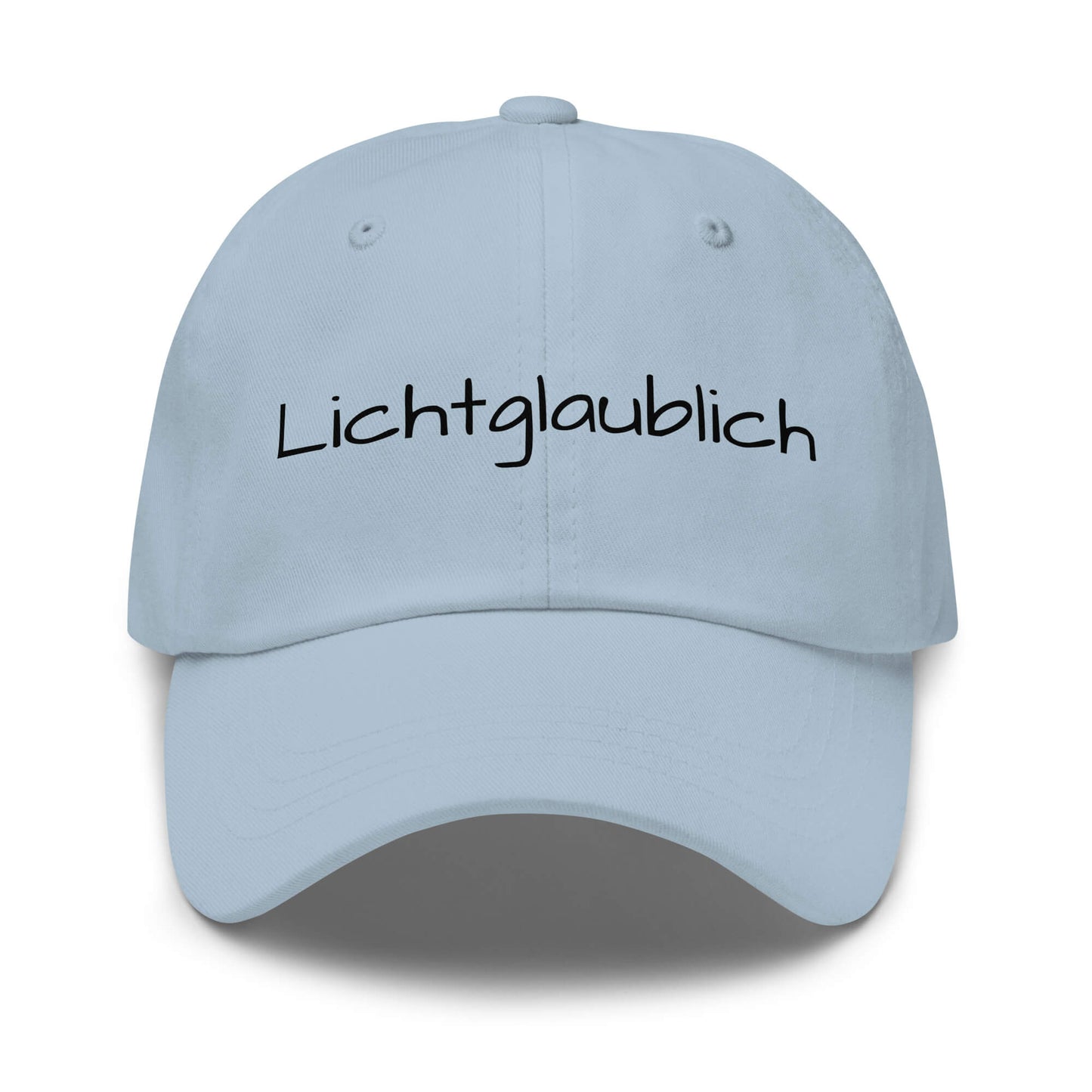 Lichtglaublich Premium Dad Cap in Light Blue aus Chino-Baumwoll-Twill - neues Wort für einen positiven Lichtblick - Front - Wortstolz Design