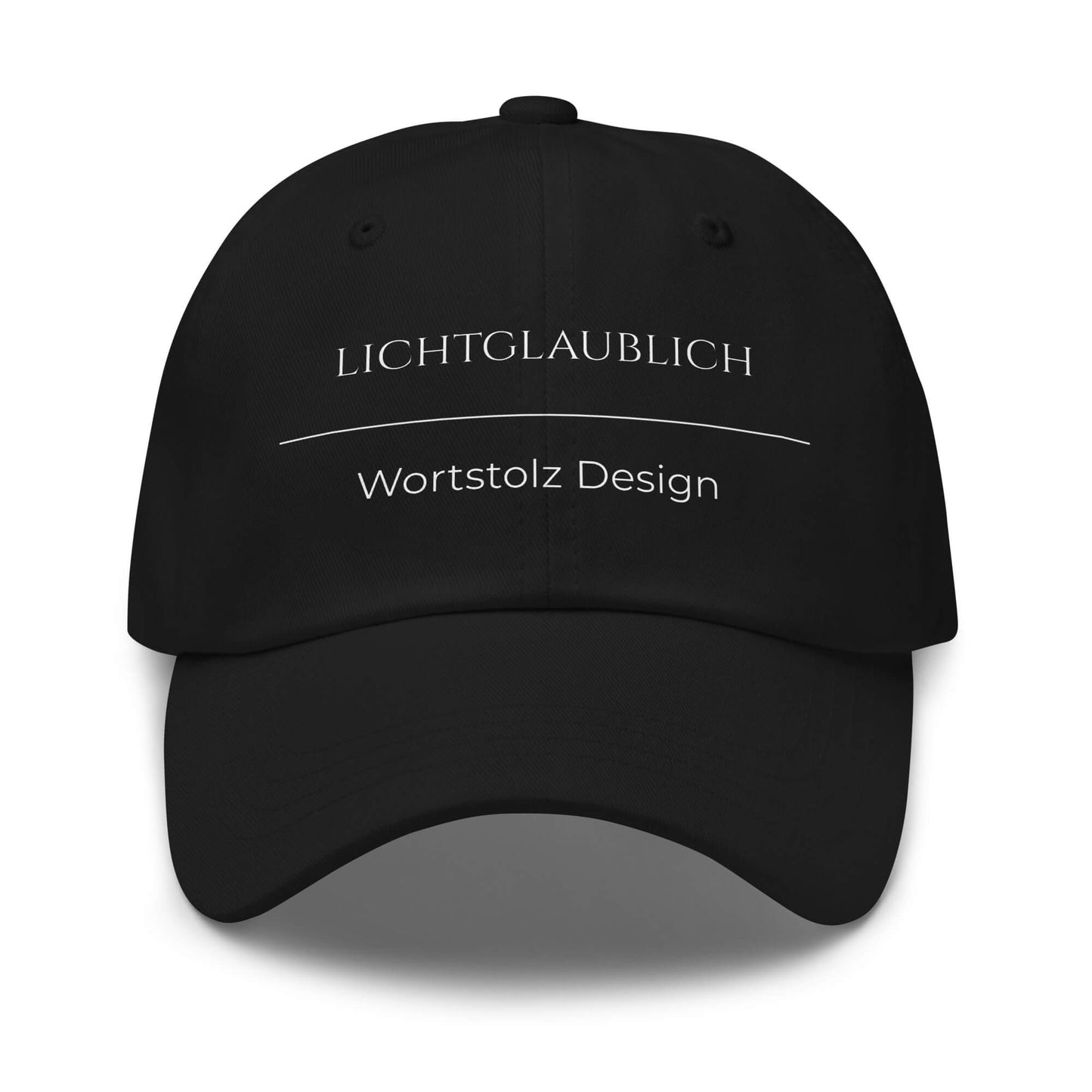 Lichtglaublich Premium Dad Cap in Schwarz aus Chino-Baumwoll-Twill - neues Wort für einen positiven Lichtblick - Front - Wortstolz Design