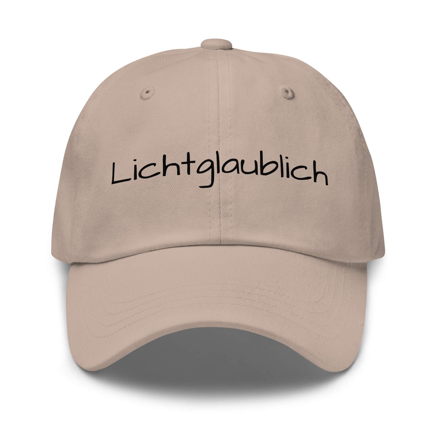 Lichtglaublich Premium Dad Cap in Stone aus Chino-Baumwoll-Twill - neues Wort für einen positiven Lichtblick - Front - Wortstolz Design